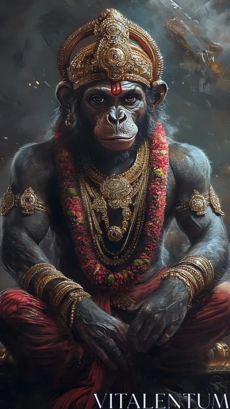 Simian deity portrait in ornate gold regalia and garlands