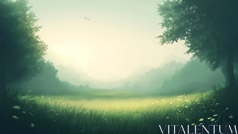 Sunlit mist over forest meadow rendered in soft digital light