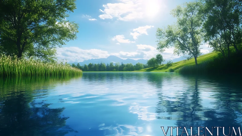 Sunlit lake landscape with trees, reeds, and distant mountains.