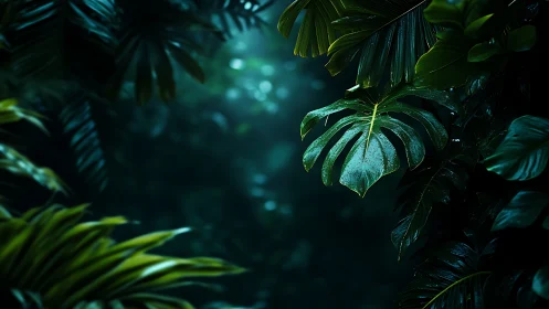Moody close-up of wet tropical leaves in dim jungle