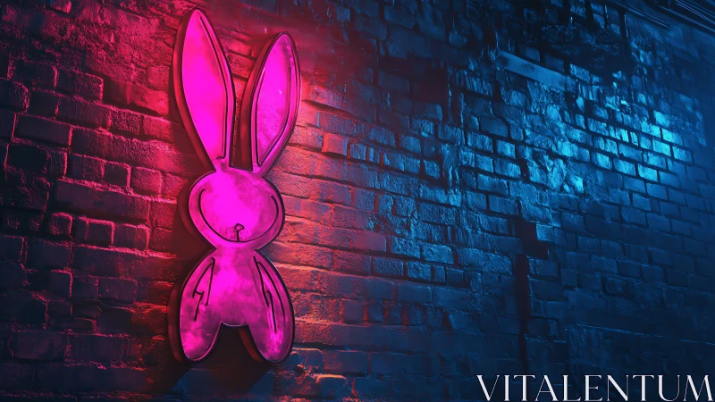 Neon pink bunny sign glowing on blue brick alley wall.