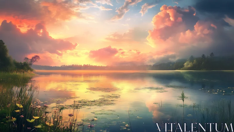 Soft sunrise over a dreamlike lily lake of quiet color.