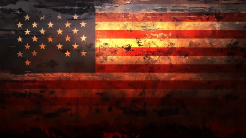 Weathered American flag glows through distressed darkness