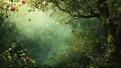 Luminous forest canopy with red roses and atmospheric depth field.