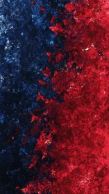 Textured red and blue impasto field with fractured diagonal divide.