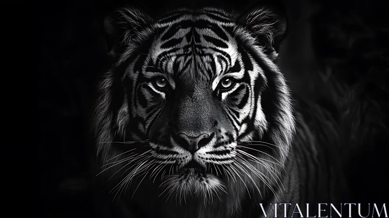 Monochrome tiger portrait in dramatic low key lighting.