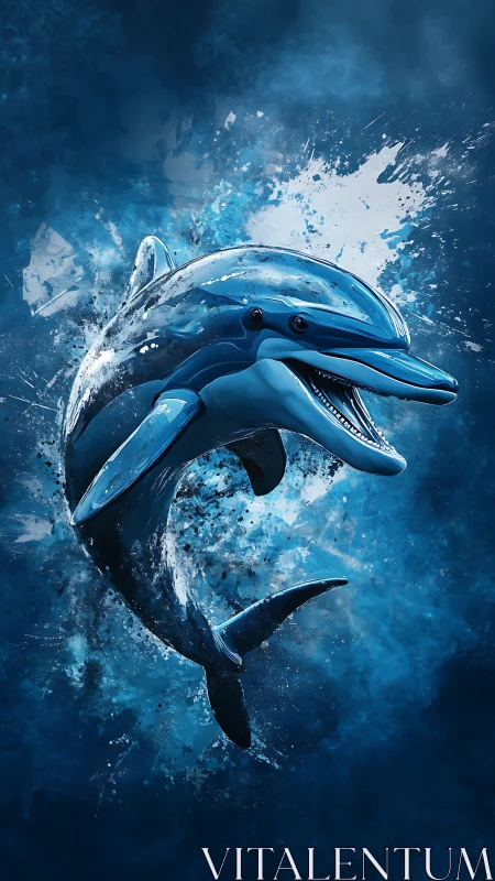 Digital rendering shows stylized dolphin against abstract splash