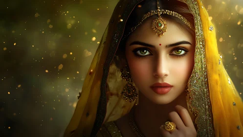 Golden gaze of a jeweled bride in soft glowing light.
