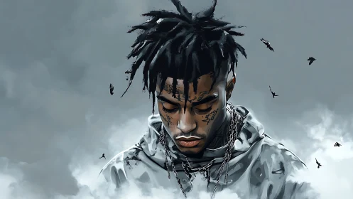 Moody hooded figure in stylized clouds with circling birds.