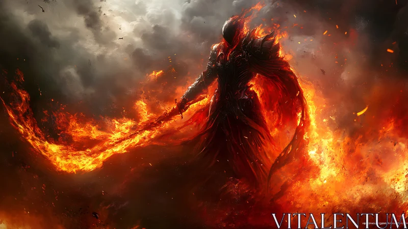 Infernal armored wraith with flaming blade in eruptive firestorm