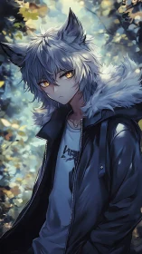 Moonlit forest stroll with a quiet silver-haired wolf boy.