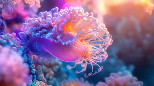 Luminous jelly bloom drifts through neon coral dreamscape.