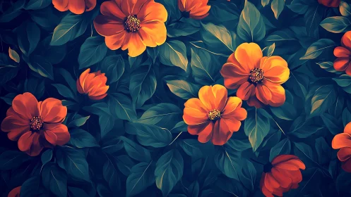 Vibrant Orange Dahlias with Layered Petals Against Deep Teal Foliage