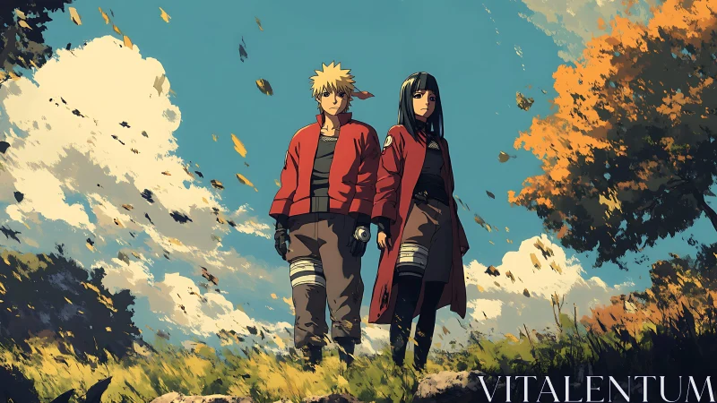 Two anime figures in red coats in a windy autumn field.