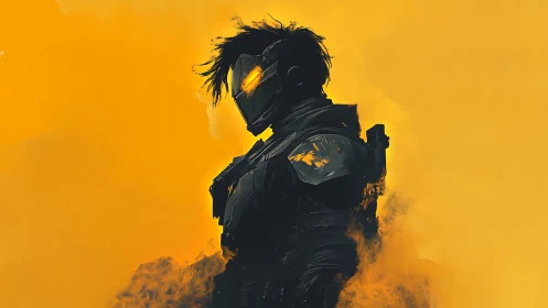 Cyberpunk armored sentinel in monochrome orange haze profile.