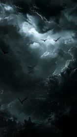 Dark storm clouds with silhouetted birds in flight.