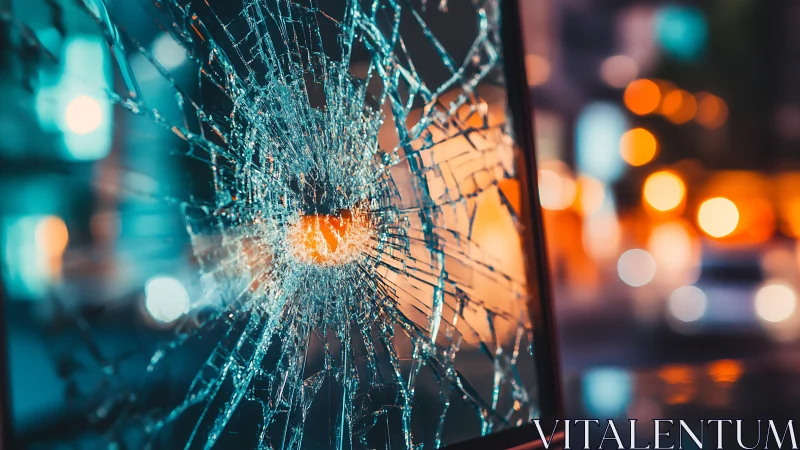 Shattered city screen catching neon bokeh like fractured stars.