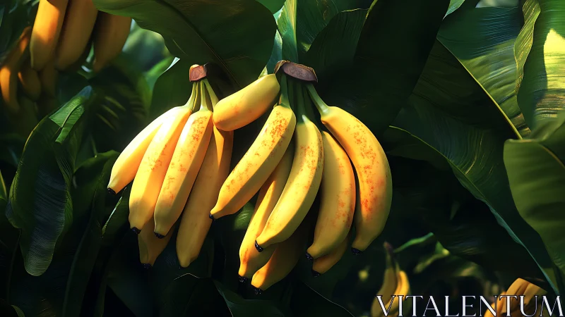 Sunlit jungle bananas glowing in lush emerald cradles.