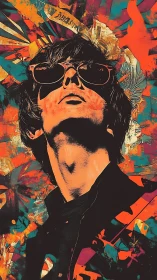 Bold pop art portrait of man in sunglasses against chaos
