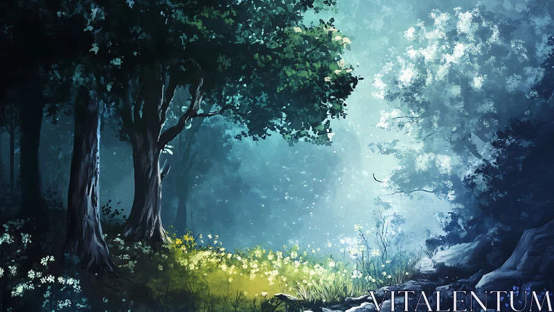 Luminous Forest Path with Ancient Tree and Misty Light.