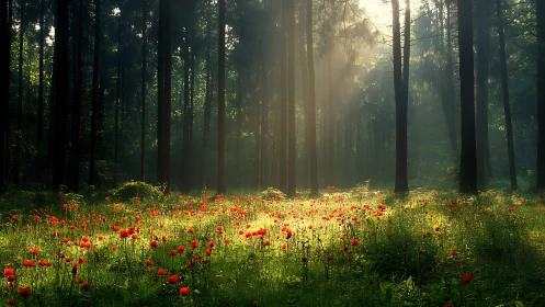 Forest clearing with red wildflowers under diffused morning light