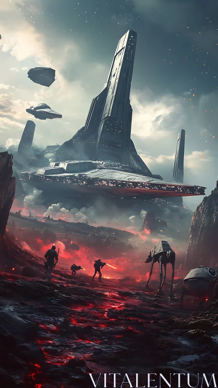 Epic sci fi fortress rising above a blazing alien battlefield.