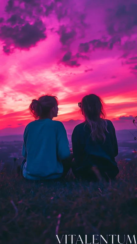 Friends watch neon sunset under saturated magenta sky.