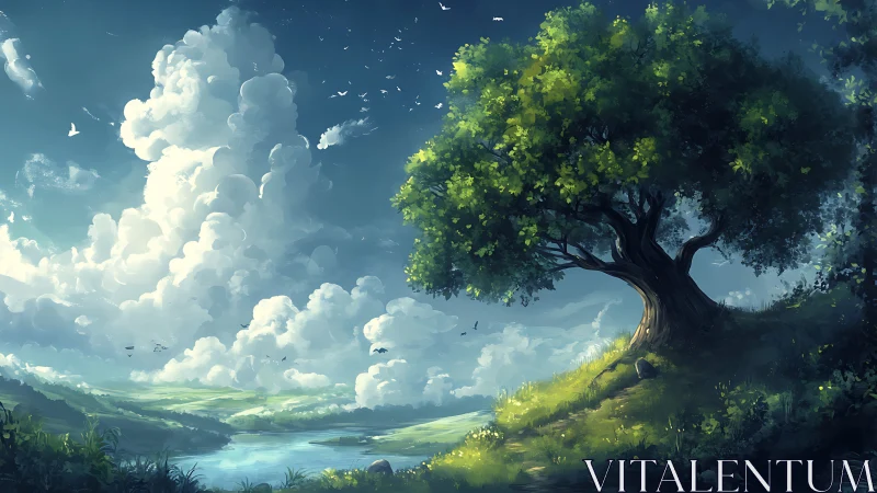Sunlit hilltop tree overlooks serene river under vast clouds