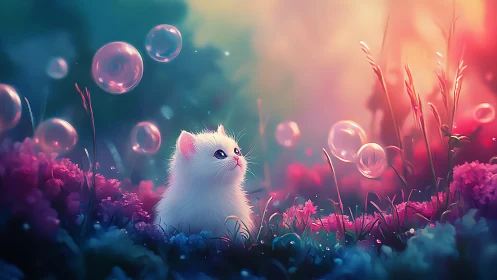 Iridescent kitten studies floating bubbles in prismatic meadow