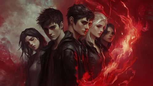 Five young figures stand aligned amid dense red digital flames