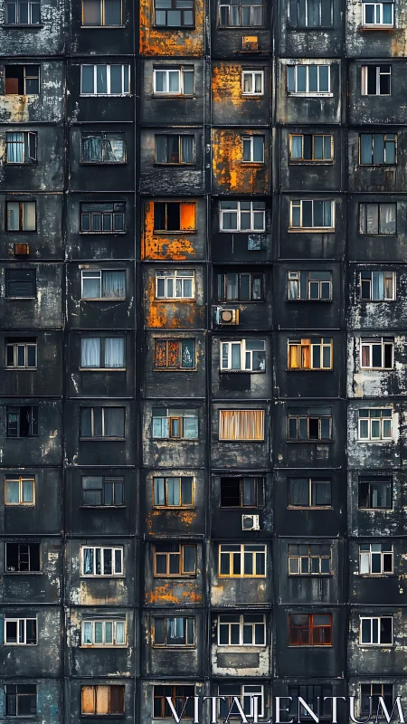Weathered apartment facade glows with scattered warm windows.