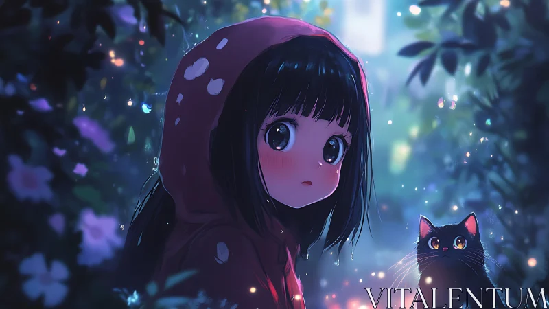 Moonlit hooded girl and wide eyed cat in glowing garden.