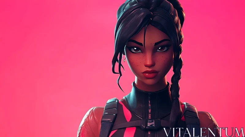 Stylized 3D heroine rendered with high-gloss shaders and pink bokeh