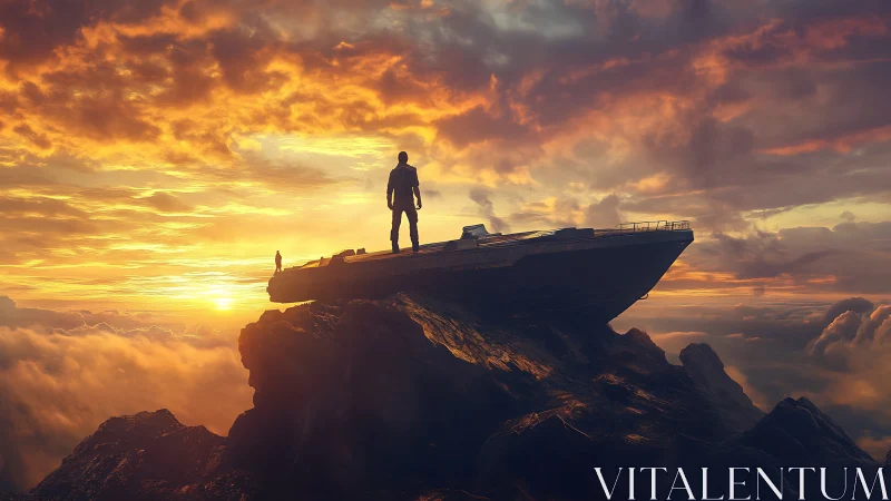 Sunset watcher stands on crashed starship above clouds.