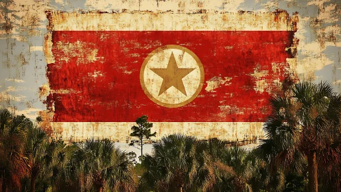 Weathered North Korea flag over subtropical palm forest.