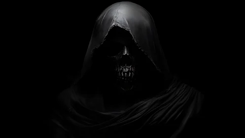 Hooded skeletal wraith emerges from darkness in chilling silence