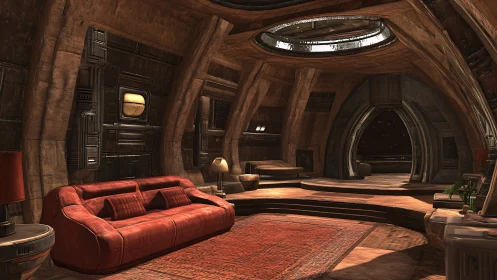Cozy sci fi lounge wrapped in warm wood and starlight.