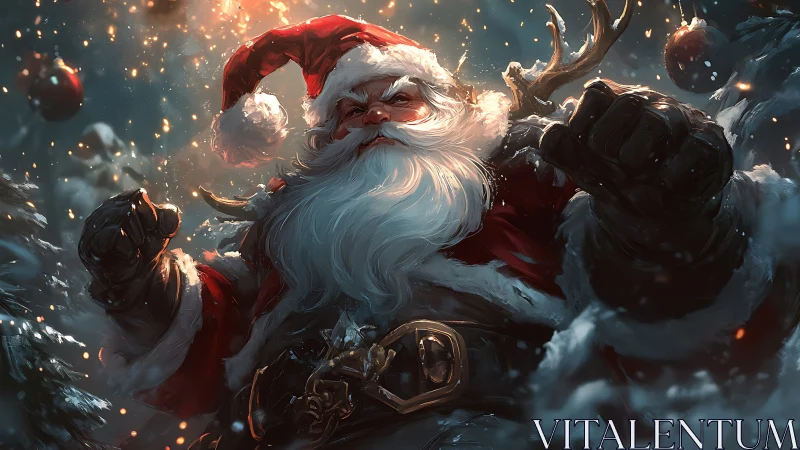 Battle-hardened Santa charges through stormlit starlit snow