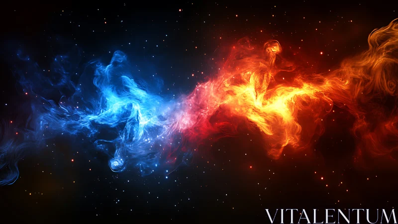 Blue and orange nebula-like energy clouds in space.