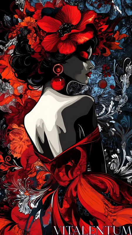 Flamenco-inspired woman in red blossoms stands in profile.
