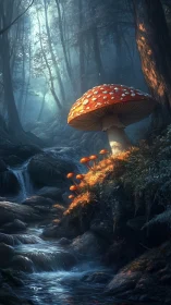Glowing forest mushrooms crown a misty stream at twilight