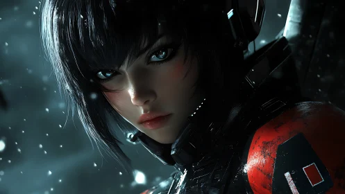Cybernetic pilot portrait under falling snowstorm light.