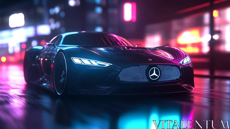 Futuristic Mercedes supercar glides through neon city night