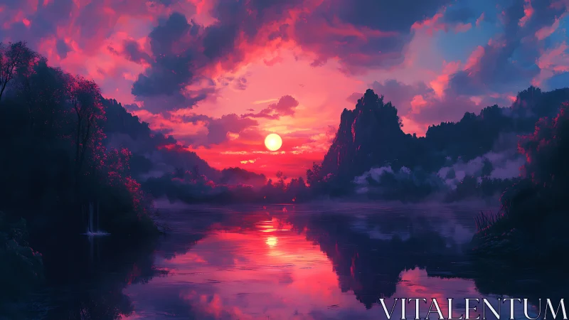 Twilight paints a neon river beneath dreaming ember clouds.