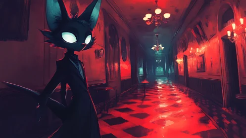 Anthropomorphic cat steward in neon red haunted corridor.