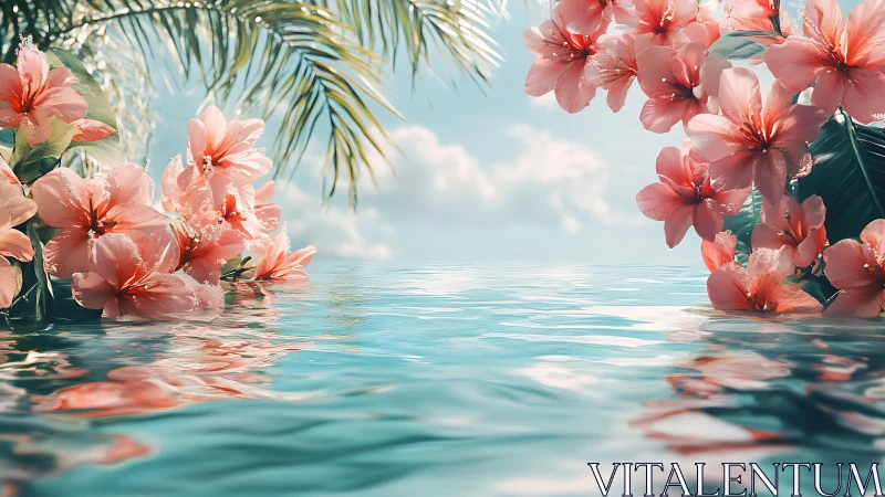 Tropical hibiscus canopy over reflective turquoise lagoon surface.