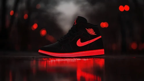 Bold black sneaker glows with neon red energy at night