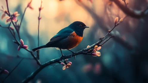 Vibrant Orange-Breasted Bird on Blossoming Branch in Dreamy Light.