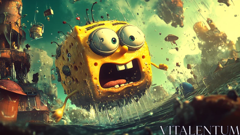 Panicked sponge hero splashing through a wild ocean world.