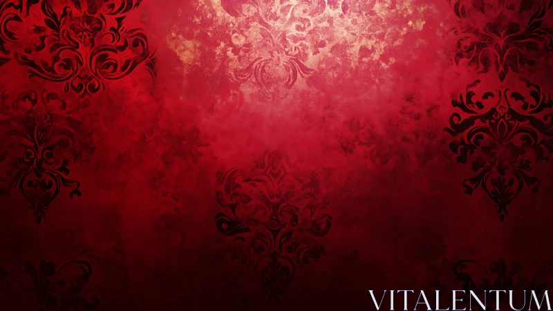 Ornate red damask background glows with vintage warmth.